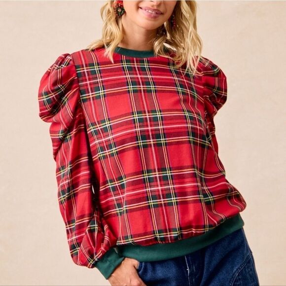 BiBi Christmas Plaid Puffy Shoulder Long Sleeves Top sz XL - Picture 14 of 17
